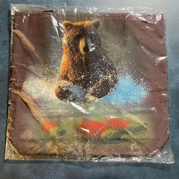 The Moutain Deadstock Bear Chasing Fish 18" Reusable Tote Bag Brown - Picture 1 of 4